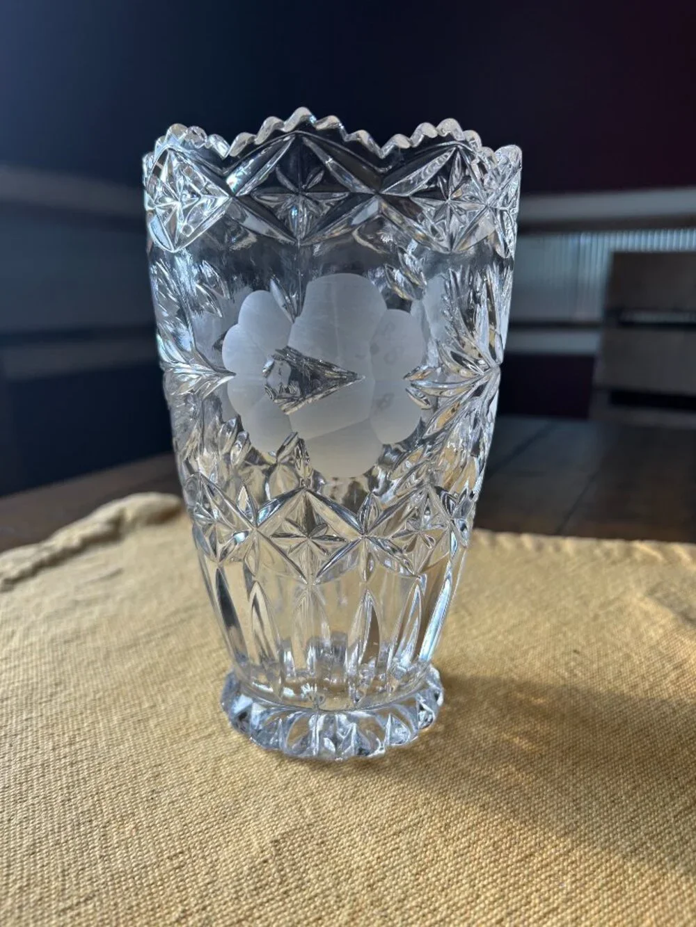 Vintage  Cut & etched full lead crystal  vase featuring sawtooth rim & frosted f